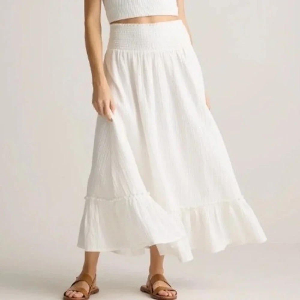Quince Organic Cotton Gauze Smocked Maxi Skirt Women's Small White Boho Cottage - Picture 1 of 9